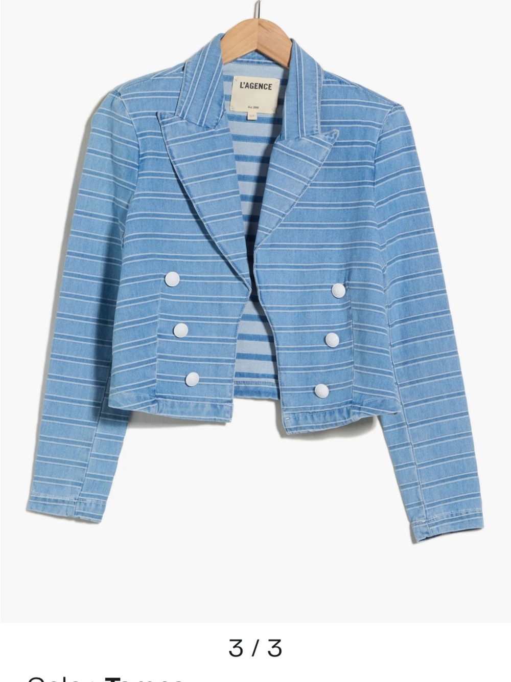 L'AGENCE Blue Striped Cropped Double-Breasted Jacket